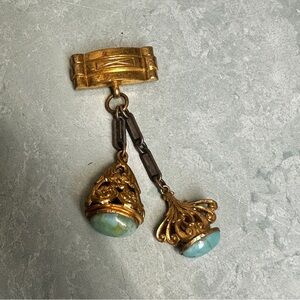 Art Deco Vintage Gold and Turquoise Glass Beads Brooch